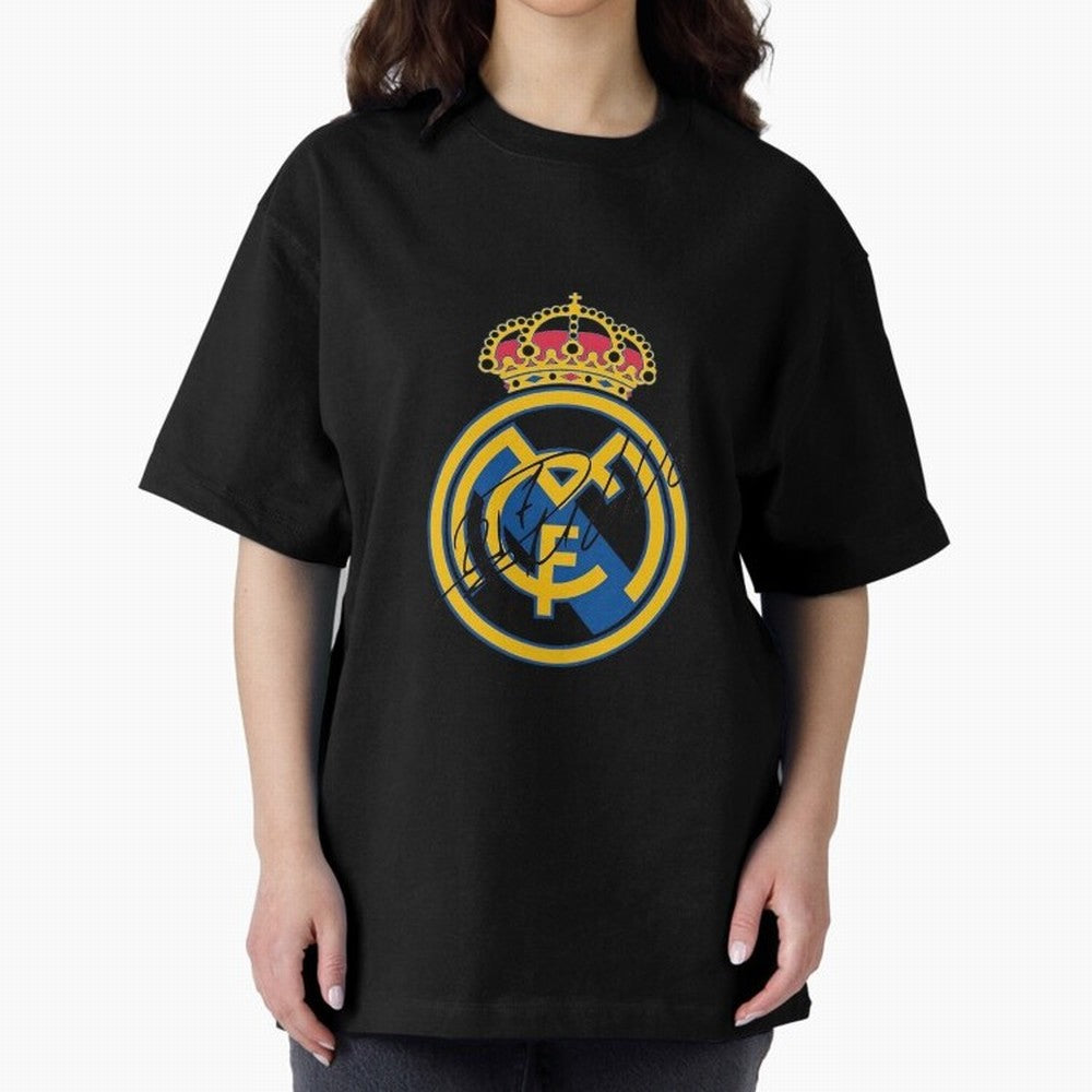 Real Madrid C.F. crest with Cristiano Ronaldo's autograph Oversized T-Shirt Celebrate Rivalries and Pride in FIFA World Cup 2026 USA Canada Mexico Filled with Neymar, France and Portugal Energy, Supporter Pride, Iconic Celebrations, Legendary Names
