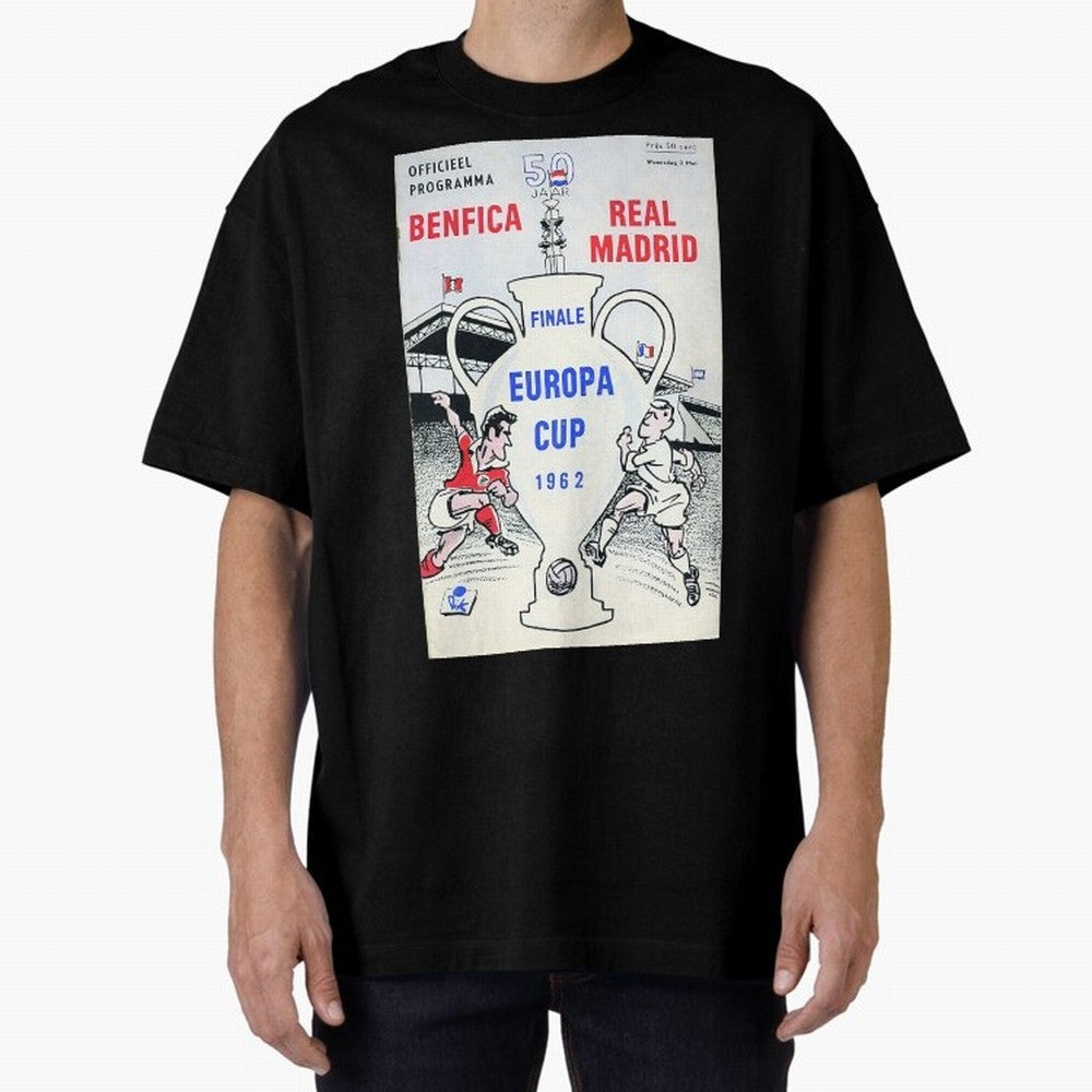 Vintage Champions League Final Poster - Real Madrid vs Benfica Oversized T-Shirt Support Iconic Players in Global Football Passion for FIFA World Cup 2026 Group Stage, Inspired by CR7, Germany, Match Day Excitement, Supporter Culture, Golden Goals