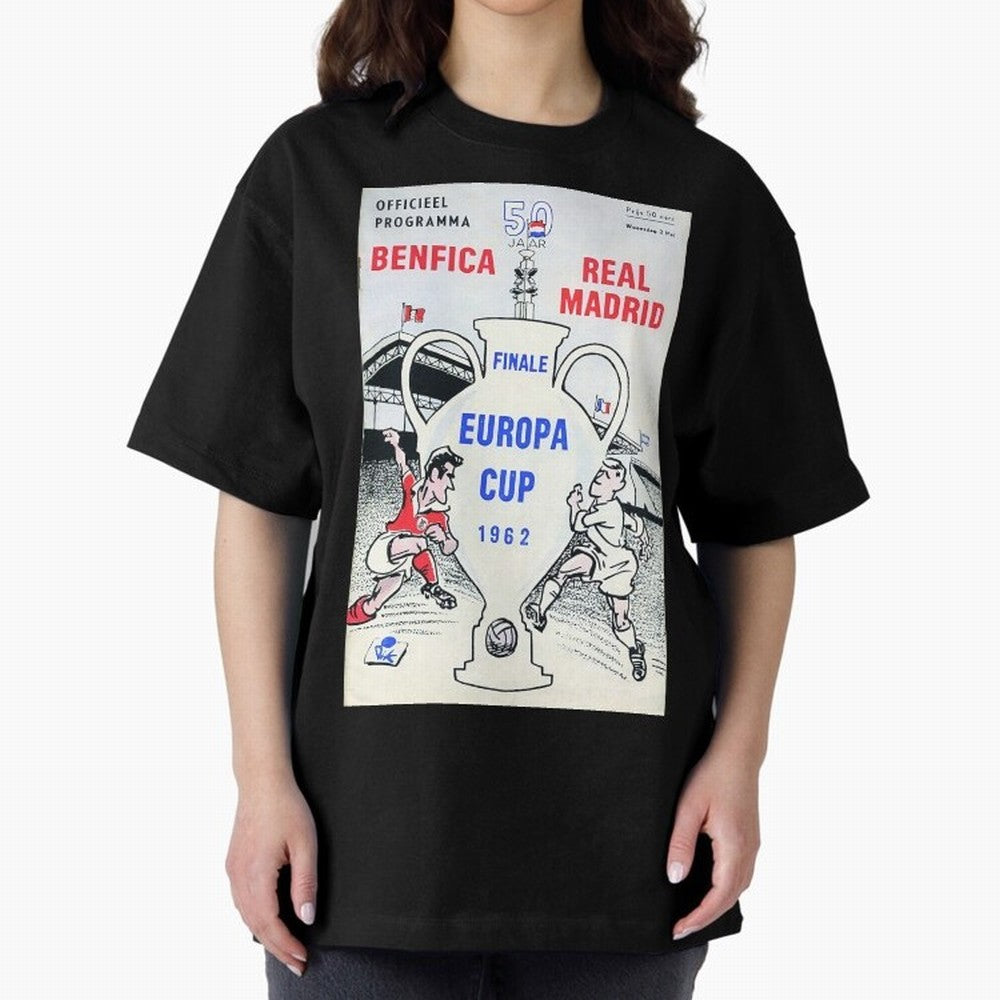 Vintage Champions League Final Poster - Real Madrid vs Benfica Oversized T-Shirt Support Iconic Players in Global Football Passion for FIFA World Cup 2026 Group Stage, Inspired by CR7, Germany, Match Day Excitement, Supporter Culture, Golden Goals