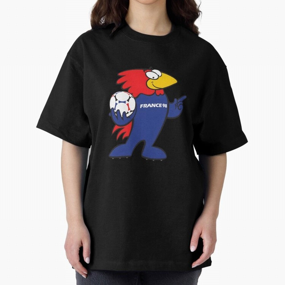 Footix - World Cup 98' Mascote Logo Oversized T-Shirt Share the Excitement of FIFA World Cup 2026 Group Stage Highlighting Mbappe, Argentina and Brazil Energy, Football History, Final Match Energy, Crowd Noise and Once in a Lifetime Moments;