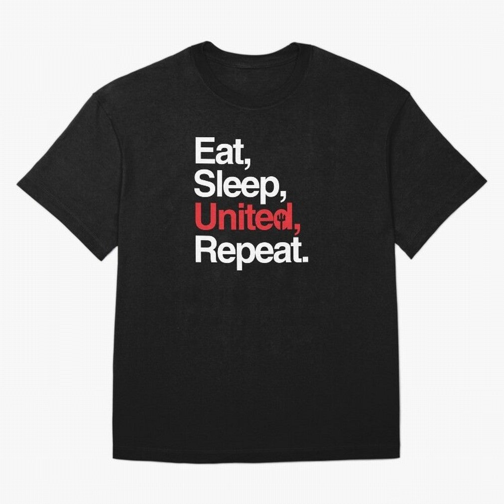 Eat, Sleep, United, Repeat - Funny Manchester United Quote Oversized T-Shirt Stand with FIFA World Cup 2026 Group Stage for Fans of Messi, Neymar and Mbappe and Brazil, Bringing Supporter Pride, Iconic Celebrations, Legendary Names and Global Match