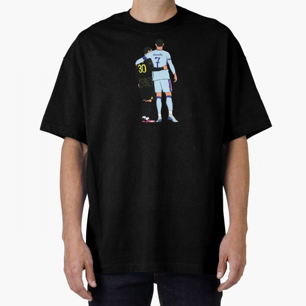 Messi and Ronaldo Reunion Illustration Oversized T-Shirt Fuel FIFA World Cup 2026 for Fans of Cristiano Ronaldo, Haaland and CR7 and Argentina and Brazil, Bringing Stadium Chants, National Pride, Trophy Dreams and Unforgettable Football Memories;