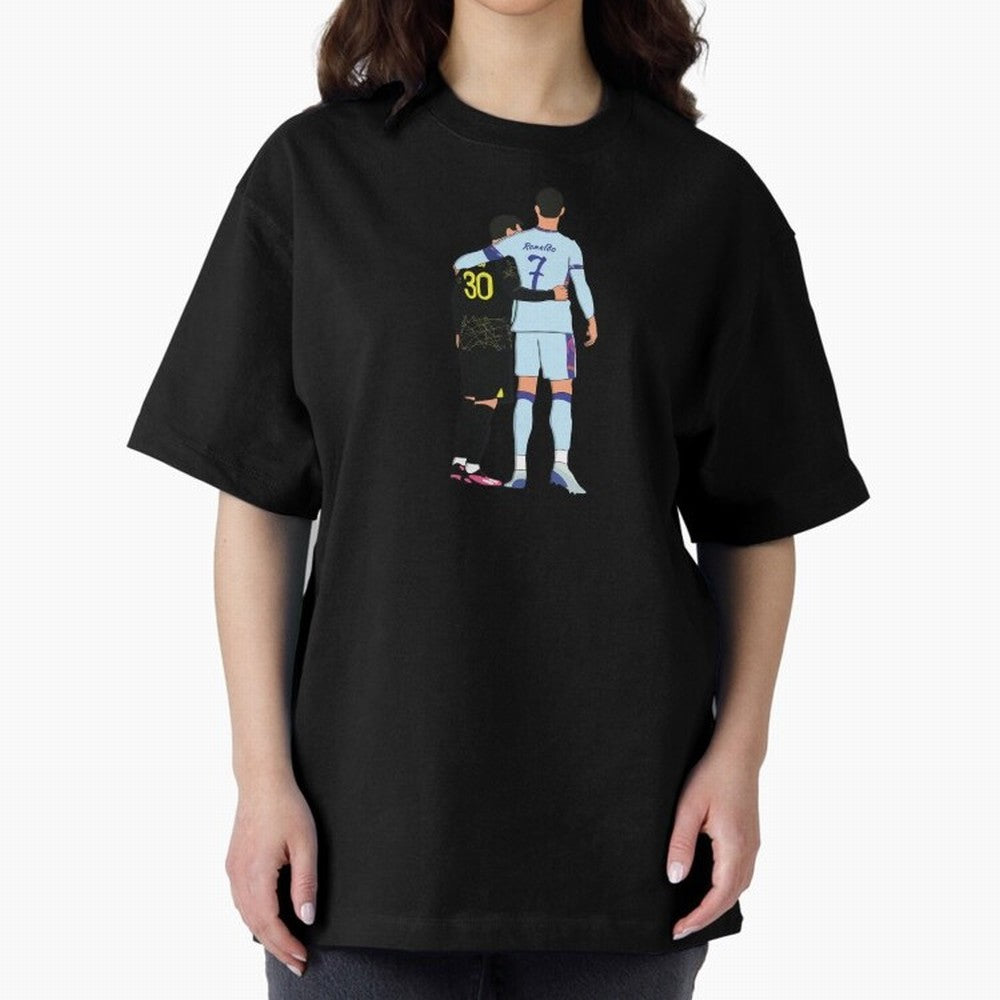 Messi and Ronaldo Reunion Illustration Oversized T-Shirt Fuel FIFA World Cup 2026 for Fans of Cristiano Ronaldo, Haaland and CR7 and Argentina and Brazil, Bringing Stadium Chants, National Pride, Trophy Dreams and Unforgettable Football Memories;