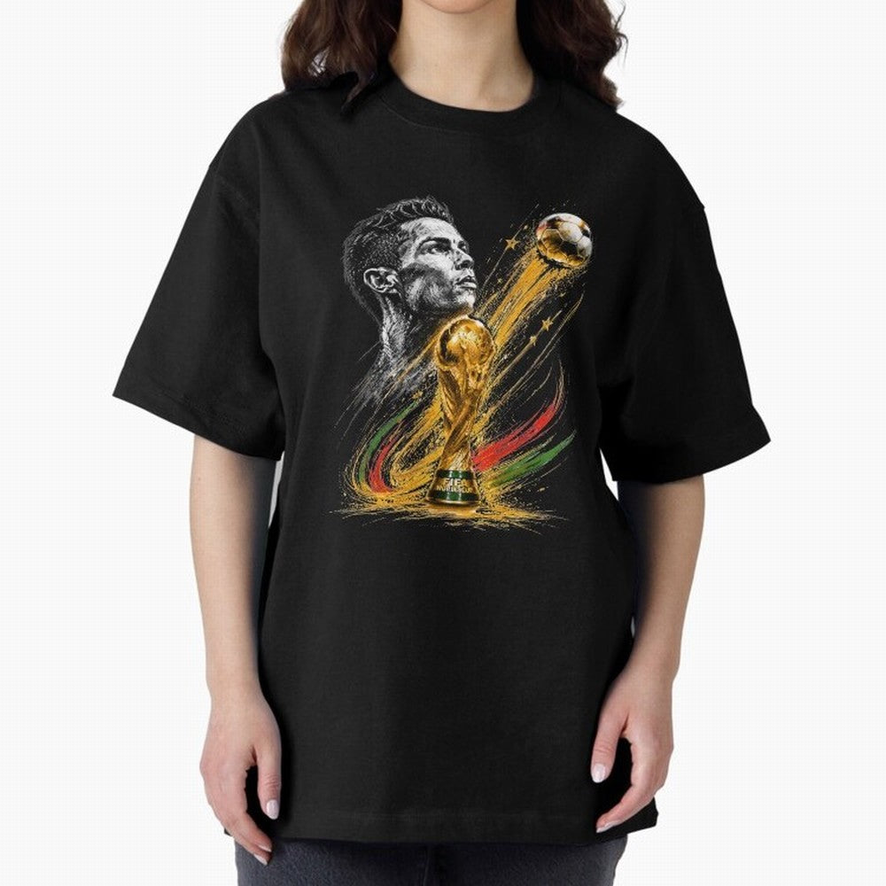 Ronaldo with World Cup Oversized T-Shirt Treasure Global Football Passion for FIFA World Cup 2026 Group Stage, Celebrating Mbappe and Neymar, England, France and Netherlands, Championship Spirit, Famous Goals, Roaring Crowds and International