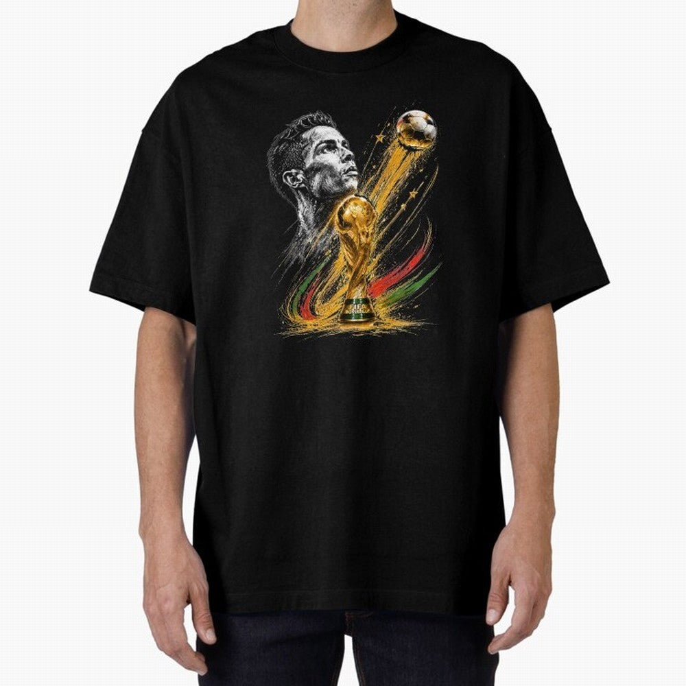 Ronaldo with World Cup Oversized T-Shirt Treasure Global Football Passion for FIFA World Cup 2026 Group Stage, Celebrating Mbappe and Neymar, England, France and Netherlands, Championship Spirit, Famous Goals, Roaring Crowds and International
