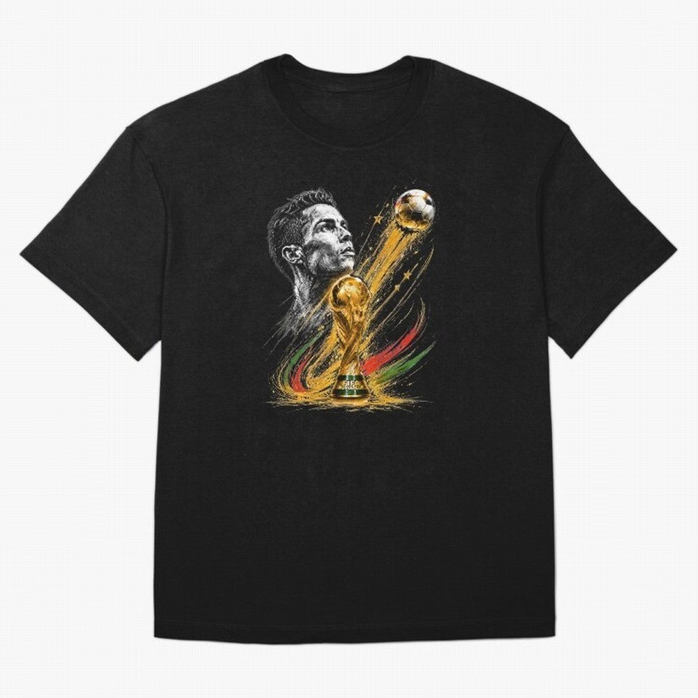 Ronaldo with World Cup Oversized T-Shirt Treasure Global Football Passion for FIFA World Cup 2026 Group Stage, Celebrating Mbappe and Neymar, England, France and Netherlands, Championship Spirit, Famous Goals, Roaring Crowds and International