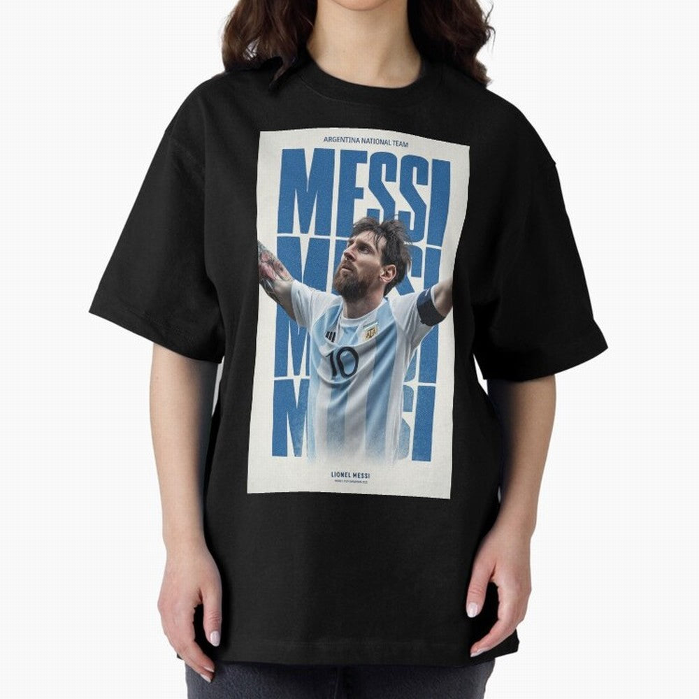 Messi Champion Graphic Oversized T-Shirt Honor Football Greatness during Global Football Passion for FIFA World Cup 2026 Group Stage, Capturing Mbappe, France and Portugal, Global Supporter Spirit, Legendary Goals, National Colors and Tournament