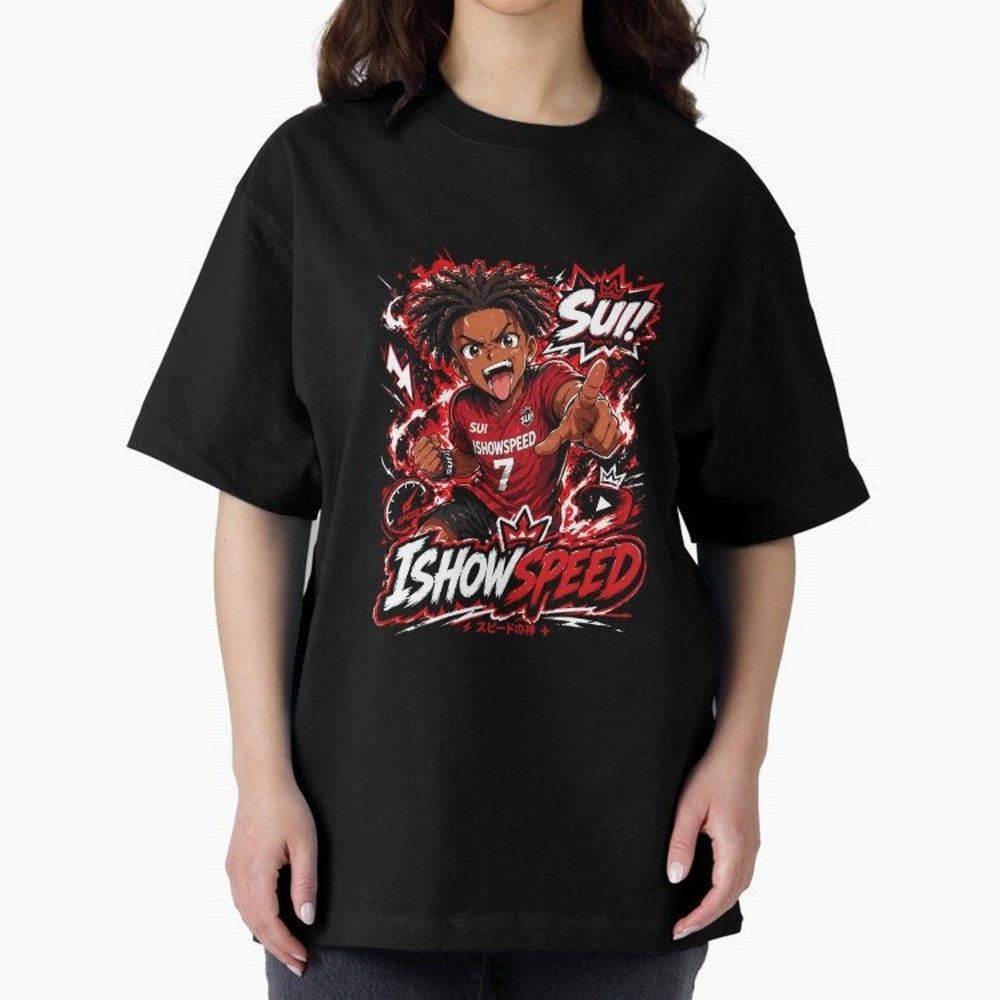 I Show Speed SUI Anime poster | Hype art Red Black Streewear Oversized T-Shirt Create Global Football Passion for FIFA World Cup 2026 Group Stage, Driven by Cristiano Ronaldo, Haaland and CR7, Portugal, Spain and Germany, Sports Nostalgia,