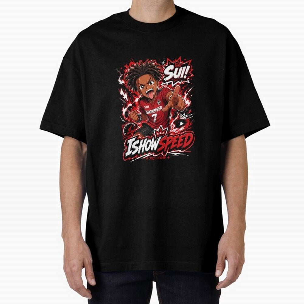 I Show Speed SUI Anime poster | Hype art Red Black Streewear Oversized T-Shirt Create Global Football Passion for FIFA World Cup 2026 Group Stage, Driven by Cristiano Ronaldo, Haaland and CR7, Portugal, Spain and Germany, Sports Nostalgia,