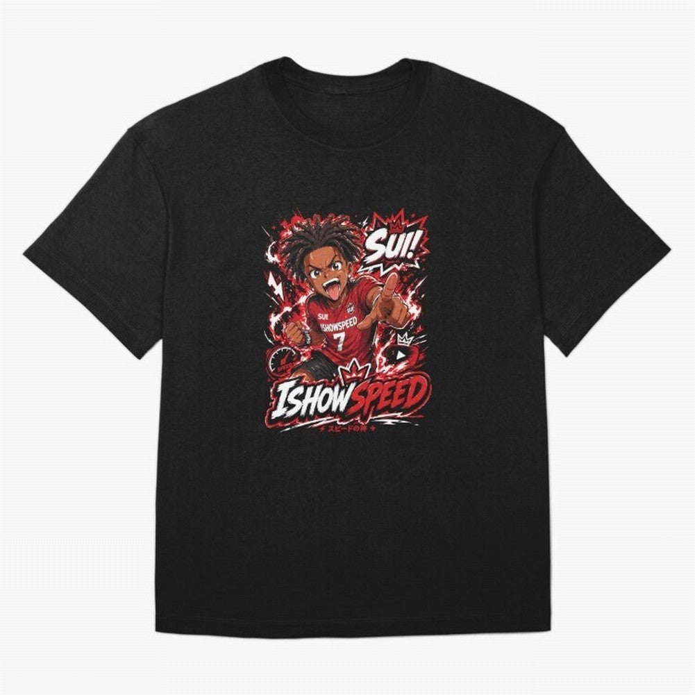 I Show Speed SUI Anime poster | Hype art Red Black Streewear Oversized T-Shirt Create Global Football Passion for FIFA World Cup 2026 Group Stage, Driven by Cristiano Ronaldo, Haaland and CR7, Portugal, Spain and Germany, Sports Nostalgia,