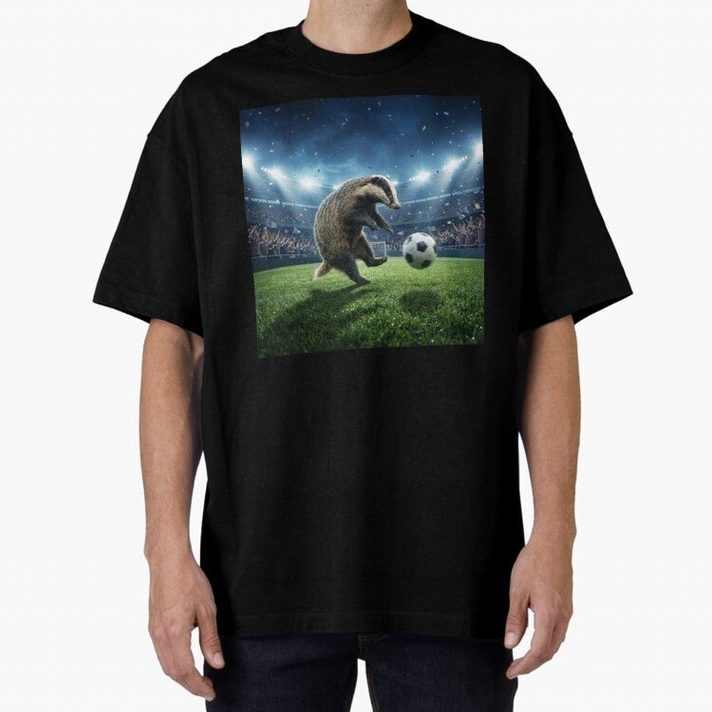 Dynamic Badger Plays Soccer Like Ronaldo Oversized T-Shirt Join Global Football Passion for FIFA World Cup 2026 USA Canada Mexico, Centered on CR7 and Messi, Portugal, Sports Nostalgia, International Competition, Famous Players and Unforgettable