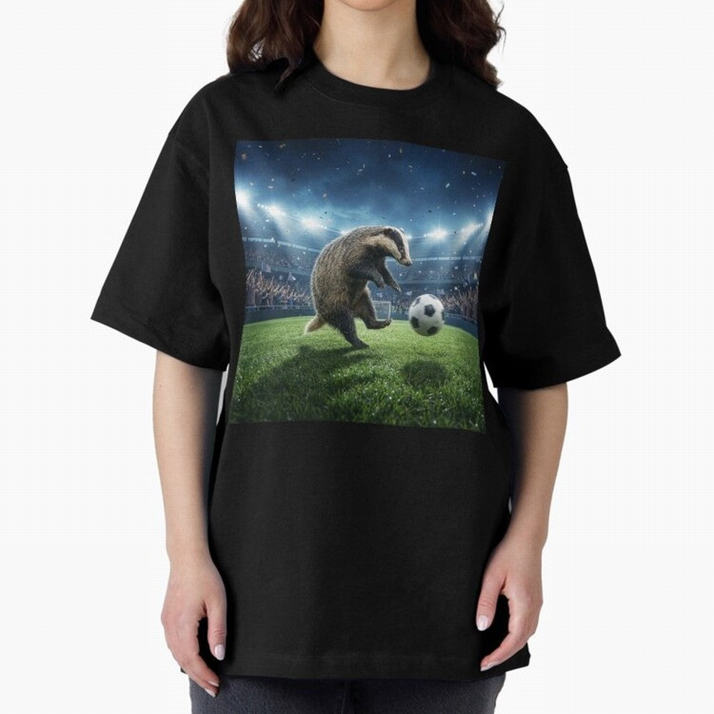 Dynamic Badger Plays Soccer Like Ronaldo Oversized T-Shirt Join Global Football Passion for FIFA World Cup 2026 USA Canada Mexico, Centered on CR7 and Messi, Portugal, Sports Nostalgia, International Competition, Famous Players and Unforgettable