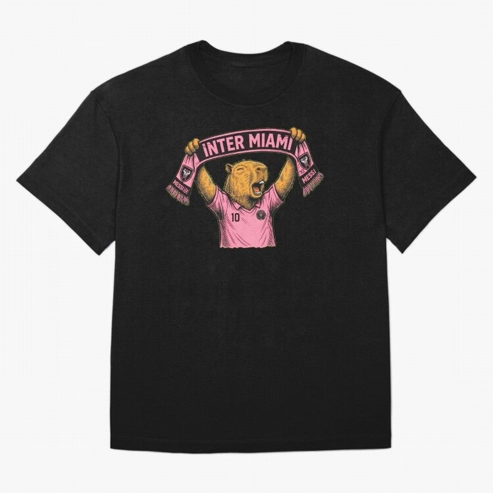 Capybara Inter Miami Fan Celebrating ¨C Funny Soccer Illustration with Scarf Oversized T-Shirt Celebrate the Next Chapter of FIFA World Cup 2026 for Fans of CR7 and England, Bringing Supporter Pride, Iconic Celebrations, Legendary Names and Global