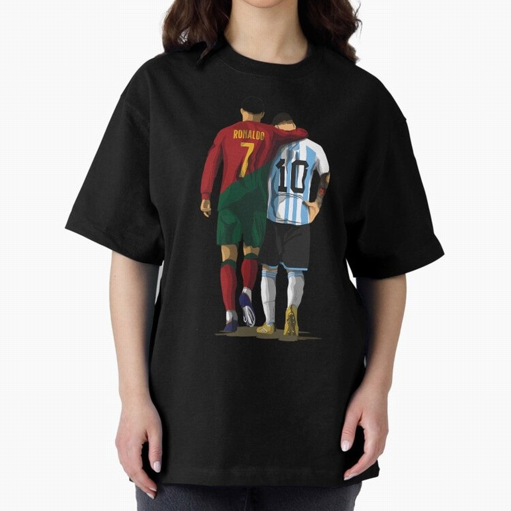 Messi Ronaldo Chit Chat Illustration Oversized T-Shirt Discover FIFA World Cup 2026 USA Canada Mexico Celebrating Messi, CR7 and Mbappe, England Energy, Tournament Hype, Historic Matchups, Family Viewing Parties and Global Sports Pride; Perfect for