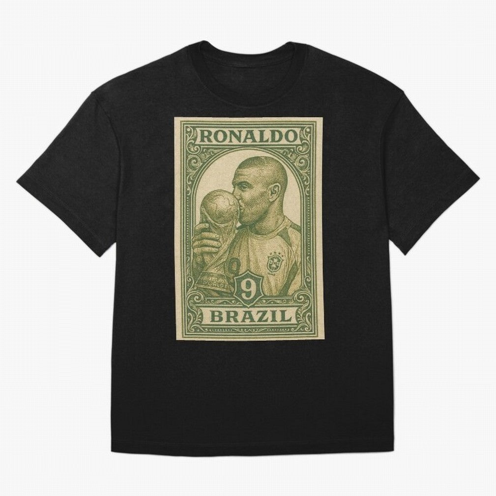 Vintage Brazilian Ronaldo Fenomeno R9 Football Legend Stamp Illustration ¨C Retro Soccer World Cup Art Print Oversized T-Shirt Share the Excitement of FIFA World Cup 2026 USA Canada Mexico Spirit, Filled with Argentina, Mbappe and Neymar, Retro