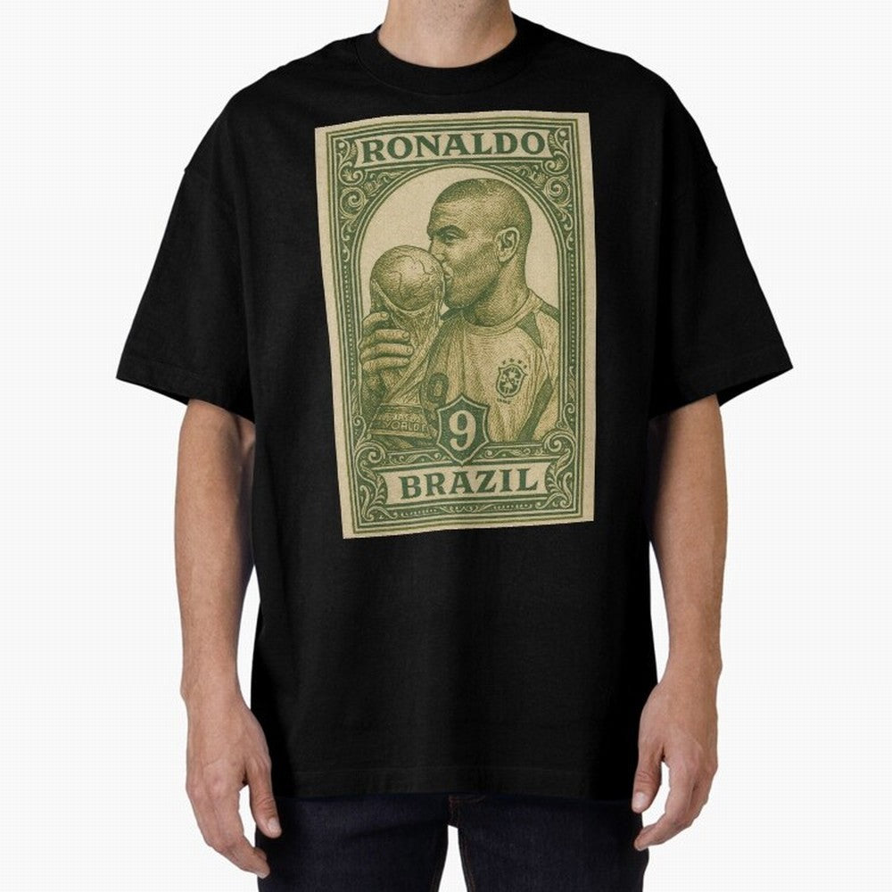 Vintage Brazilian Ronaldo Fenomeno R9 Football Legend Stamp Illustration ¨C Retro Soccer World Cup Art Print Oversized T-Shirt Share the Excitement of FIFA World Cup 2026 USA Canada Mexico Spirit, Filled with Argentina, Mbappe and Neymar, Retro