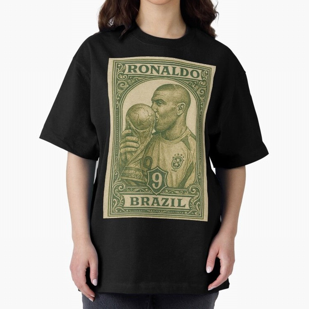 Vintage Brazilian Ronaldo Fenomeno R9 Football Legend Stamp Illustration ¨C Retro Soccer World Cup Art Print Oversized T-Shirt Share the Excitement of FIFA World Cup 2026 USA Canada Mexico Spirit, Filled with Argentina, Mbappe and Neymar, Retro