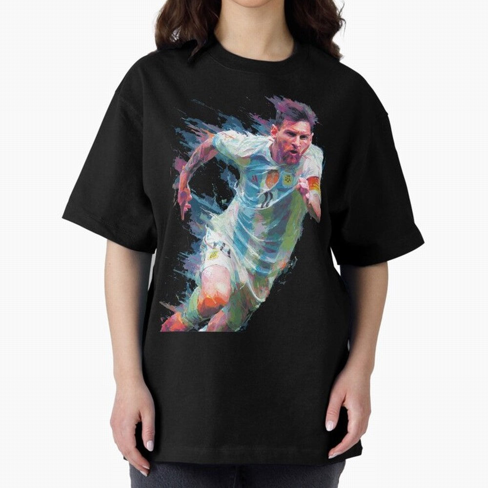 Messi in action Graphic Paint poster design Oversized T-Shirt Keep the Legacy of FIFA World Cup 2026 Group Stage Spirit, Driven by Netherlands, CR7 and Messi, Championship Spirit, Famous Goals, Roaring Crowds and International Football Unity;