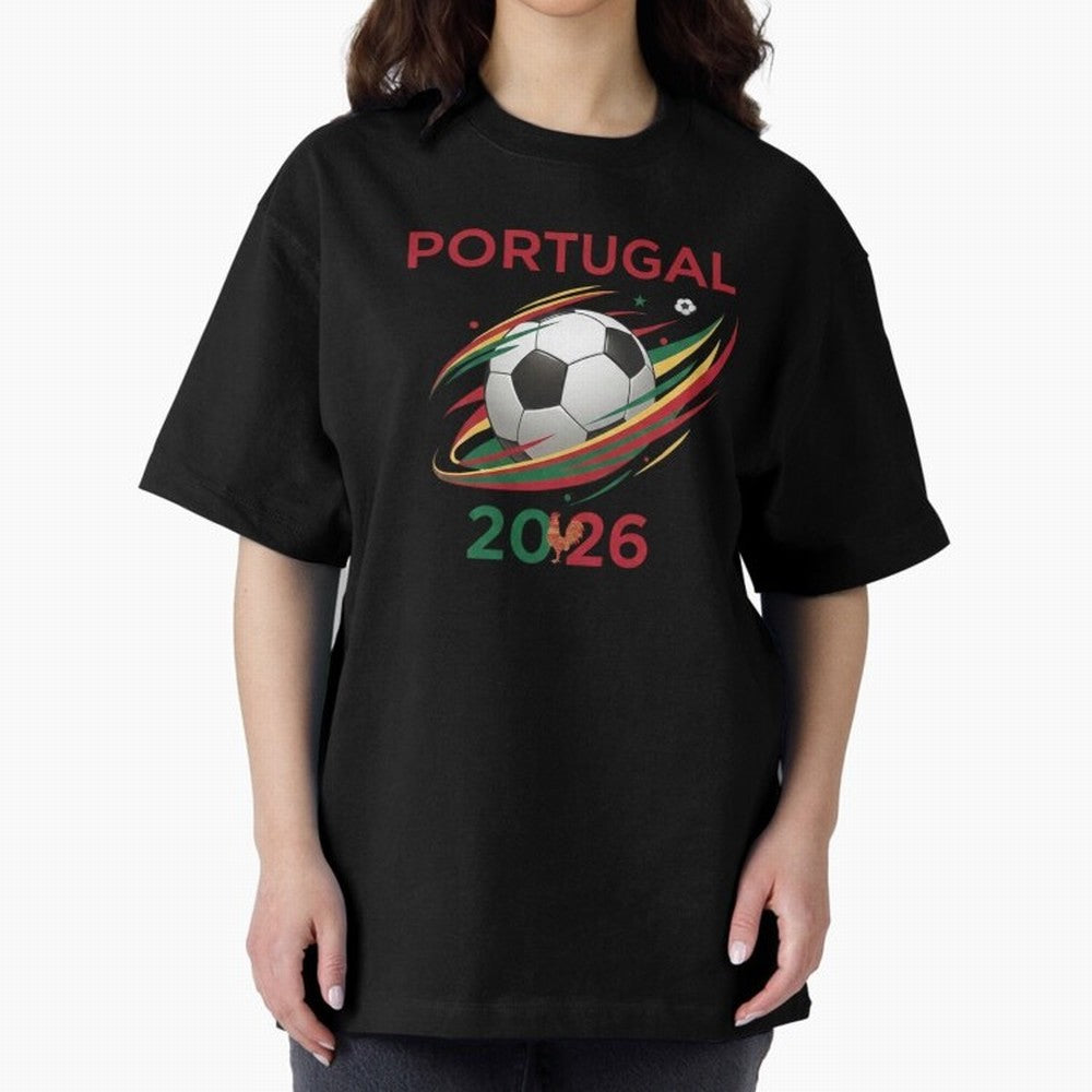 Camiseta Portugal 2026 - Bola de Futebol e Design Galo de Barcelos. Oversized T-Shirt Join Supporters Worldwide for Match Day Hype around FIFA World Cup 2026 USA Canada Mexico, Mbappe and Neymar, Argentina and Brazil, Vintage Soccer Flavor, Modern