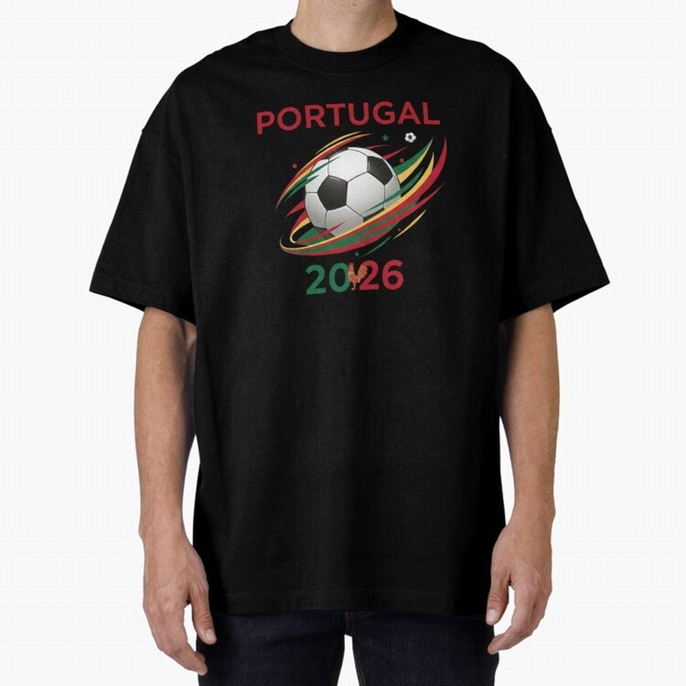 Camiseta Portugal 2026 - Bola de Futebol e Design Galo de Barcelos. Oversized T-Shirt Join Supporters Worldwide for Match Day Hype around FIFA World Cup 2026 USA Canada Mexico, Mbappe and Neymar, Argentina and Brazil, Vintage Soccer Flavor, Modern
