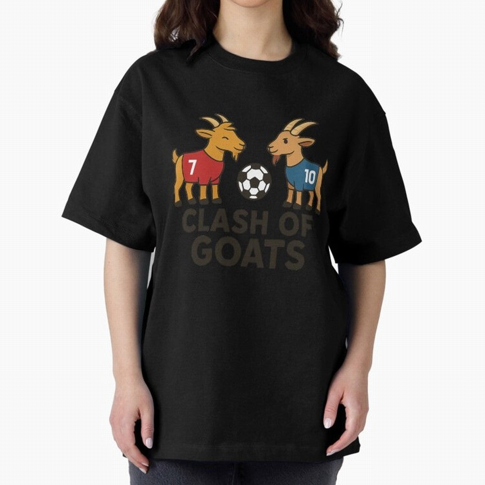 Clash of GOATs ¨C Funny Ronaldo vs Messi Inspired Football T-Shirt Design Oversized T-Shirt Capture Stadium Memories from Match Day Hype around FIFA World Cup 2026 USA Canada Mexico, Cristiano Ronaldo, Haaland and CR7, Argentina and Brazil,