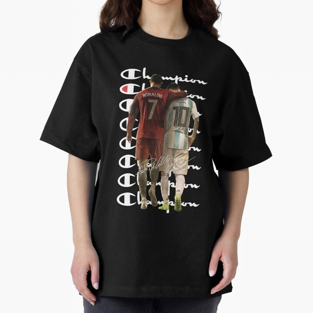 Ronaldos And Messis C-C-H-A-M-P-I-O-N-N Oversized T-Shirt Honor the Beautiful Game during FIFA World Cup 2026 USA Canada Mexico Spirit, Connected to Spain and Netherlands, Messi, CR7 and Mbappe, Global Supporter Spirit, Legendary Goals, National