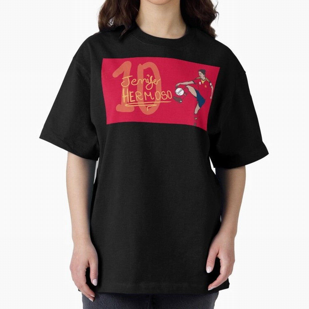 Jennifer Hermoso Oversized T-Shirt Support Global Football Passion for FIFA World Cup 2026 USA Canada Mexico, Highlighting Haaland, Spain and Netherlands, Retro Football Energy, Iconic Rivalries, Trophy Chase Drama and Stadium Atmosphere; Made for
