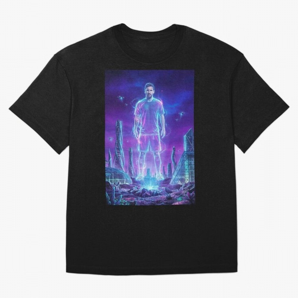 Lionel Messi (GOAT) Hologram in Futuristic Cyberpunk City (Version 5) Classic T-Shirt Fuel Your Fan Pride for the FIFA World Cup 2026 Journey through Neymar Highlights, Brazil Pride, Global Supporter Spirit, Legendary Goals, National Colors and