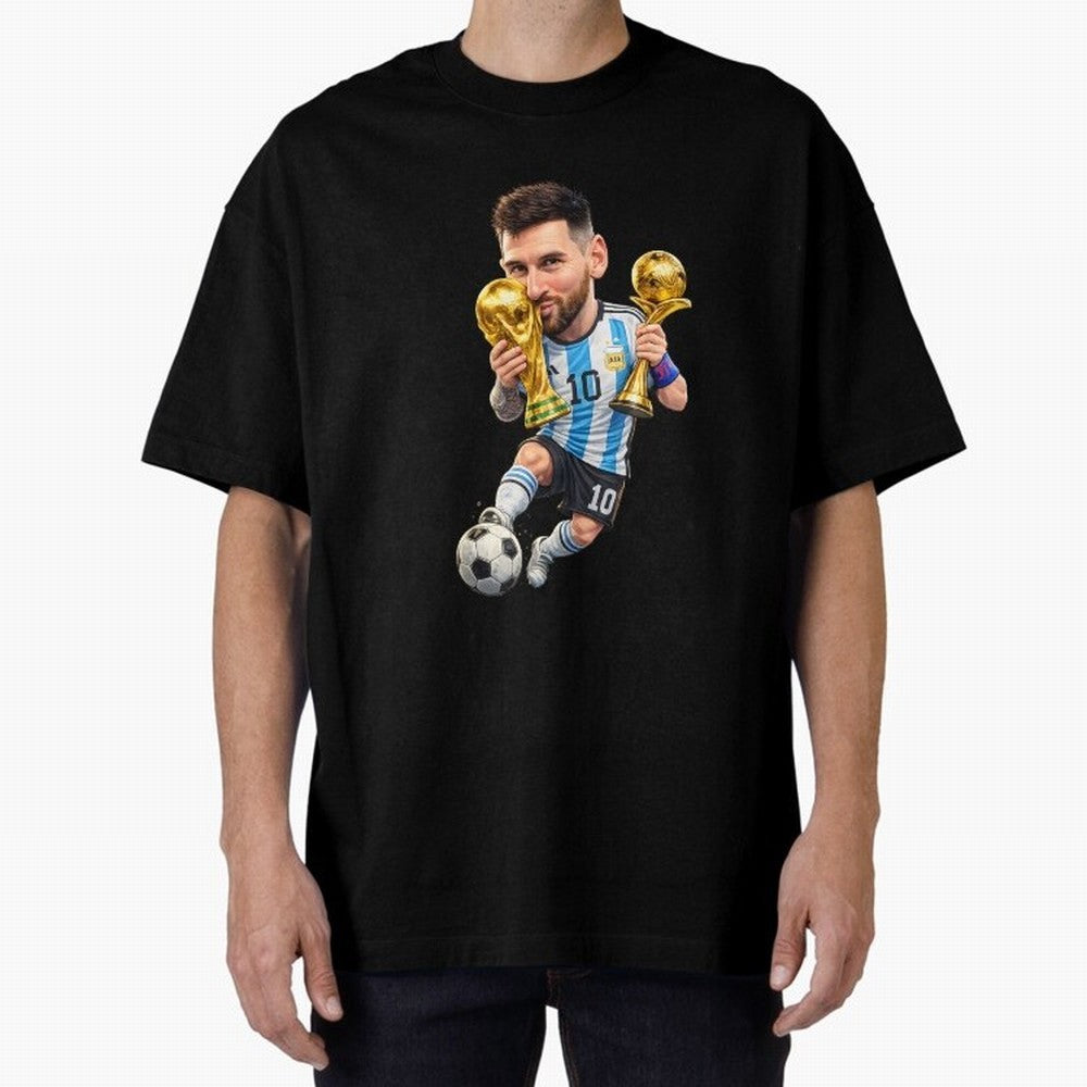 Lionel Messi ¨C Trophy King Caricature Oversized T-Shirt Relive Global Football Passion for FIFA World Cup 2026, with CR7, Germany, Sports Nostalgia, International Competition, Famous Players and Unforgettable Victories; Made for Die Hard