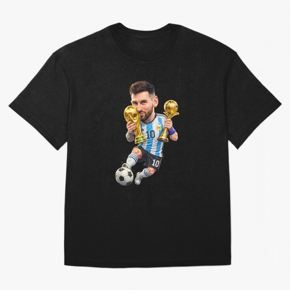 Lionel Messi ¨C Trophy King Caricature Oversized T-Shirt Relive Global Football Passion for FIFA World Cup 2026, with CR7, Germany, Sports Nostalgia, International Competition, Famous Players and Unforgettable Victories; Made for Die Hard