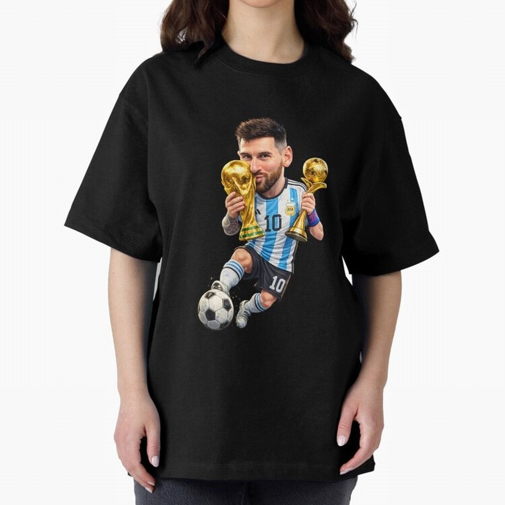 Lionel Messi ¨C Trophy King Caricature Oversized T-Shirt Relive Global Football Passion for FIFA World Cup 2026, with CR7, Germany, Sports Nostalgia, International Competition, Famous Players and Unforgettable Victories; Made for Die Hard