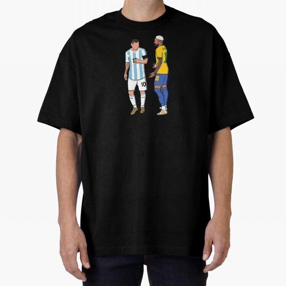 Messi and Neymar Chit Chat Illustration Oversized T-Shirt Show Passion for the Stars of FIFA World Cup 2026 Group Stage for Fans of Messi and England, France and Netherlands, Bringing Goal Celebration Energy, Supporter Heritage, Football Icons and