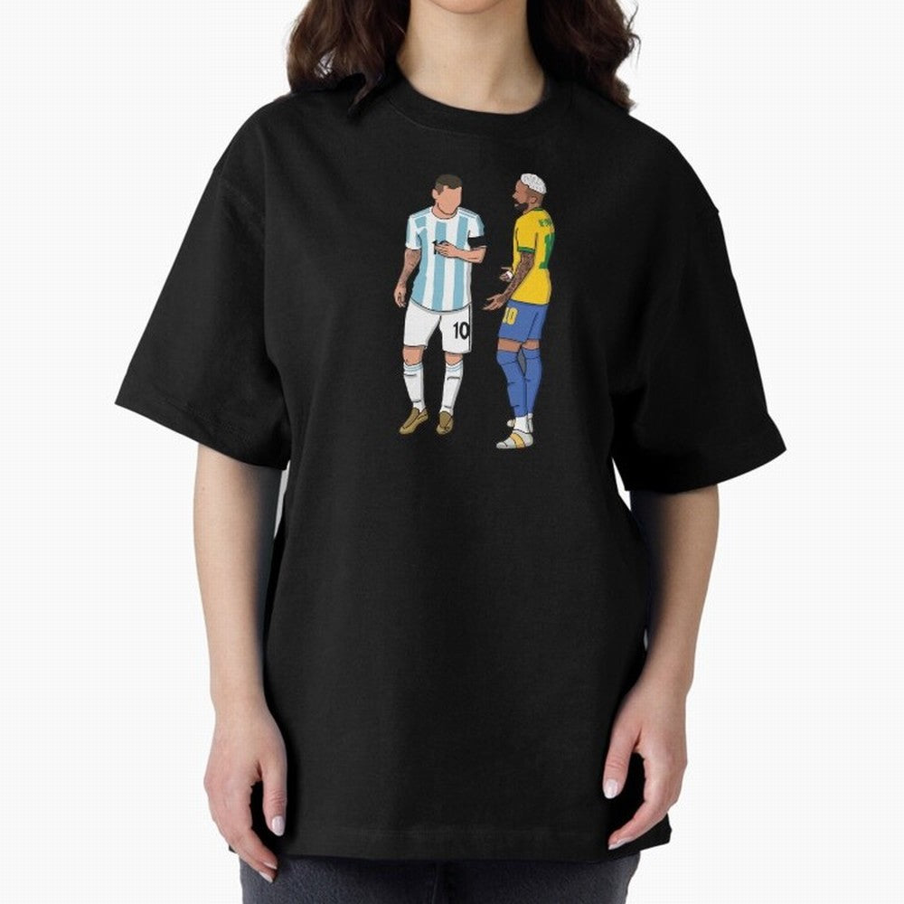 Messi and Neymar Chit Chat Illustration Oversized T-Shirt Show Passion for the Stars of FIFA World Cup 2026 Group Stage for Fans of Messi and England, France and Netherlands, Bringing Goal Celebration Energy, Supporter Heritage, Football Icons and