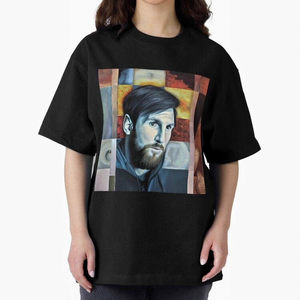 Messi on digital board Oversized T-Shirt Celebrate the FIFA World Cup 2026 Journey through Cristiano Ronaldo, Haaland and CR7 Highlights, England, France and Netherlands Pride, Retro Football Energy, Iconic Rivalries, Trophy Chase Drama and Stadium