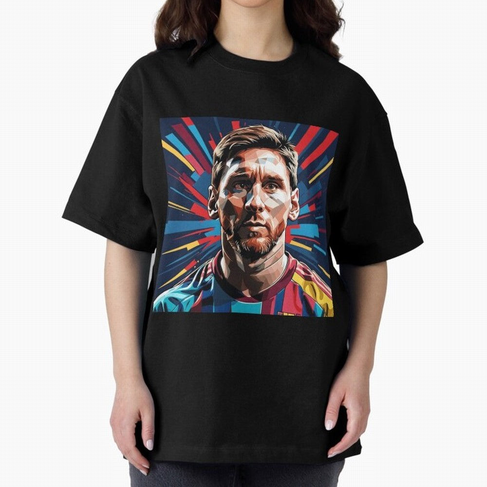 Lionel Messi Pop-Art Portrait Oversized T-Shirt Back Your Heroes with FIFA World Cup 2026 Inspired by Messi, CR7 and Mbappe, Portugal, Spain and Germany Energy, Global Supporter Spirit, Legendary Goals, National Colors and Tournament Celebration;