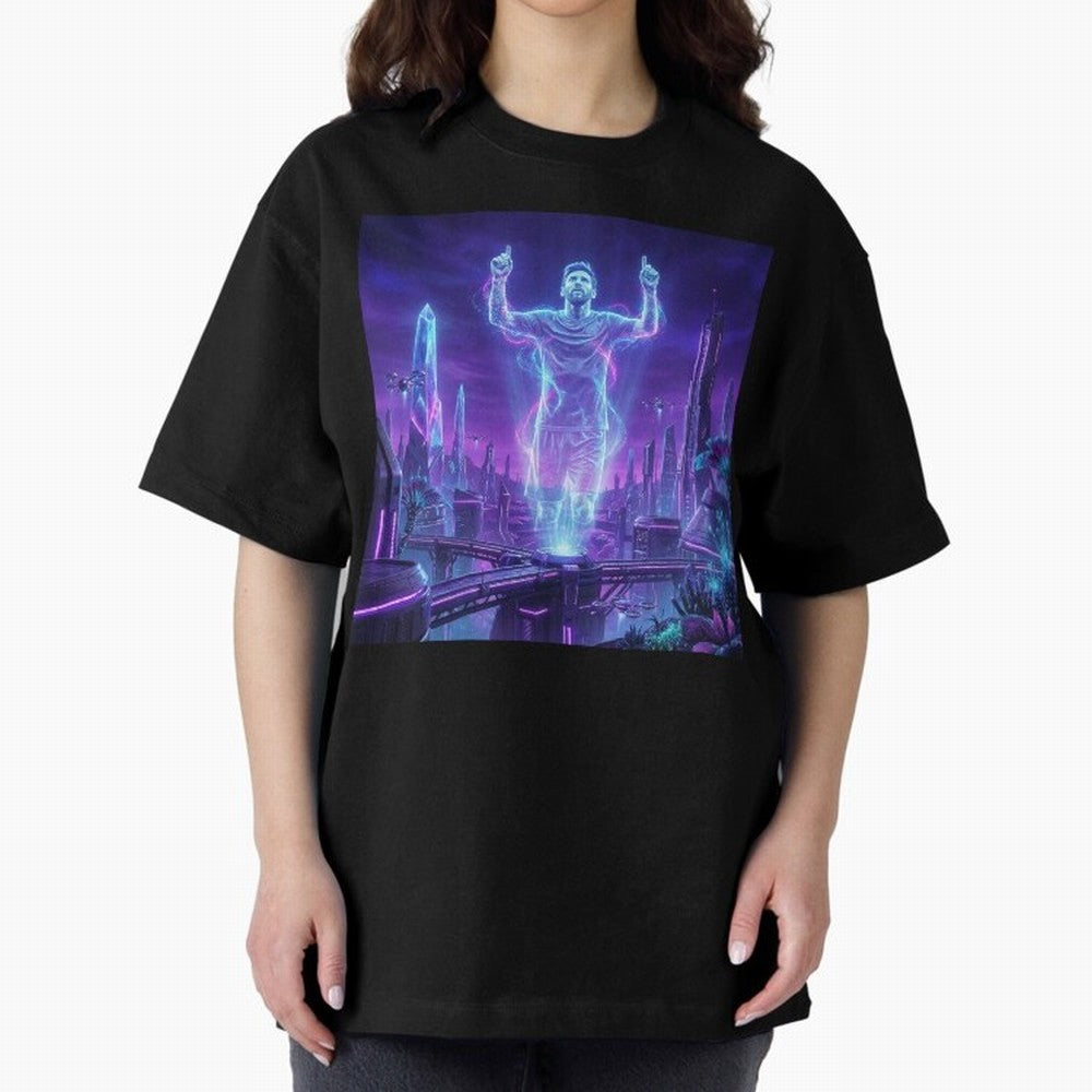 Lionel Messi (GOAT) Hologram in Futuristic Cyberpunk City (Version 2) Classic T-Shirt Bring Champion Energy into FIFA World Cup 2026 USA Canada Mexico Driven by Messi, Neymar and Mbappe, Brazil Energy, Game Day Rituals, Football Legends, Country