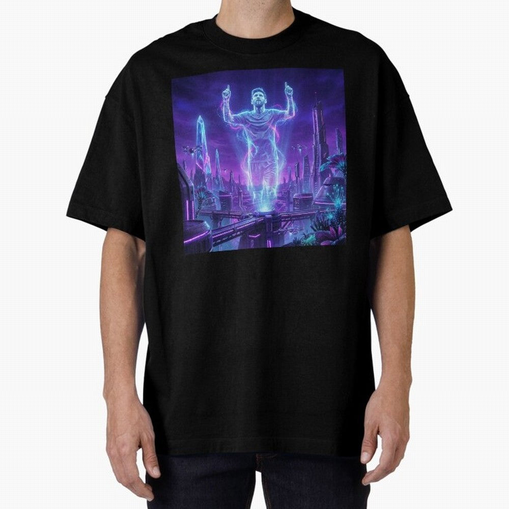 Lionel Messi (GOAT) Hologram in Futuristic Cyberpunk City (Version 2) Classic T-Shirt Bring Champion Energy into FIFA World Cup 2026 USA Canada Mexico Driven by Messi, Neymar and Mbappe, Brazil Energy, Game Day Rituals, Football Legends, Country