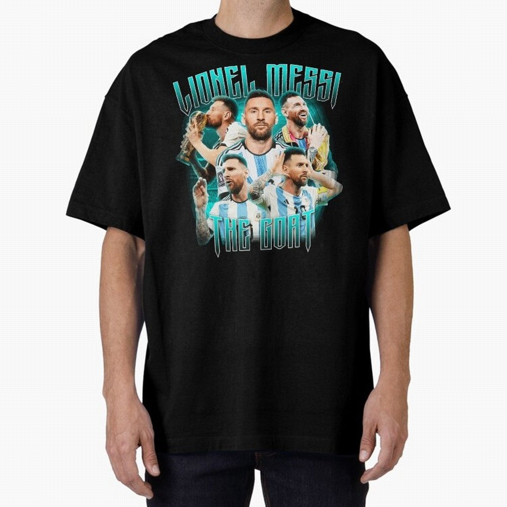 Messi Pop Art Portrait Oversized T-Shirt Honor Champions and Dreams in Match Day Hype around FIFA World Cup 2026 Group Stage, Haaland, Spain, Retro Football Energy, Iconic Rivalries, Trophy Chase Drama and Stadium Atmosphere; Ideal for Passionate