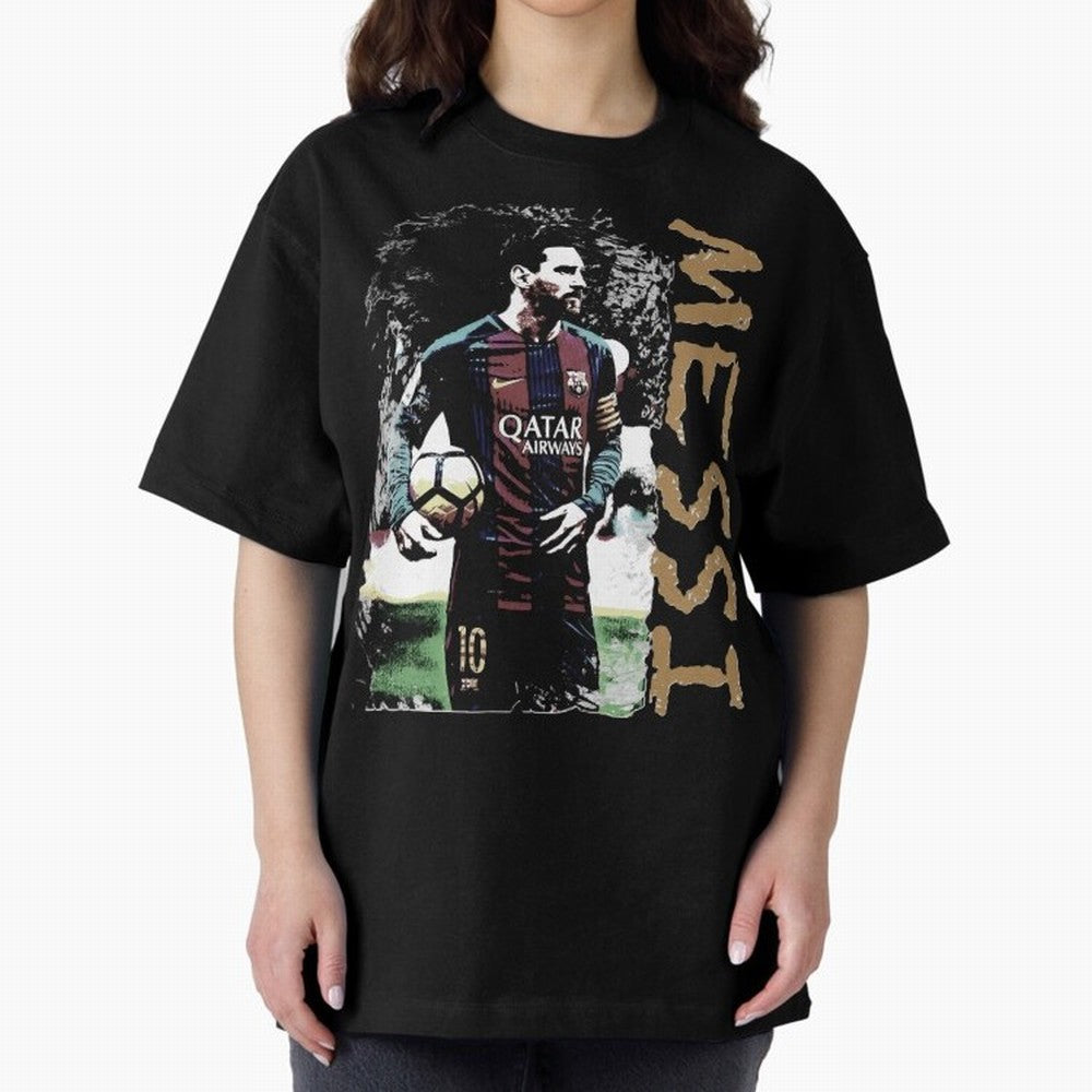 Messi Pop Art Portrait Oversized T-Shirt Celebrate Rivalries and Pride in FIFA World Cup 2026 Group Stage for Fans of Messi and Cristiano Ronaldo and England, Bringing Global Supporter Spirit, Legendary Goals, National Colors and Tournament