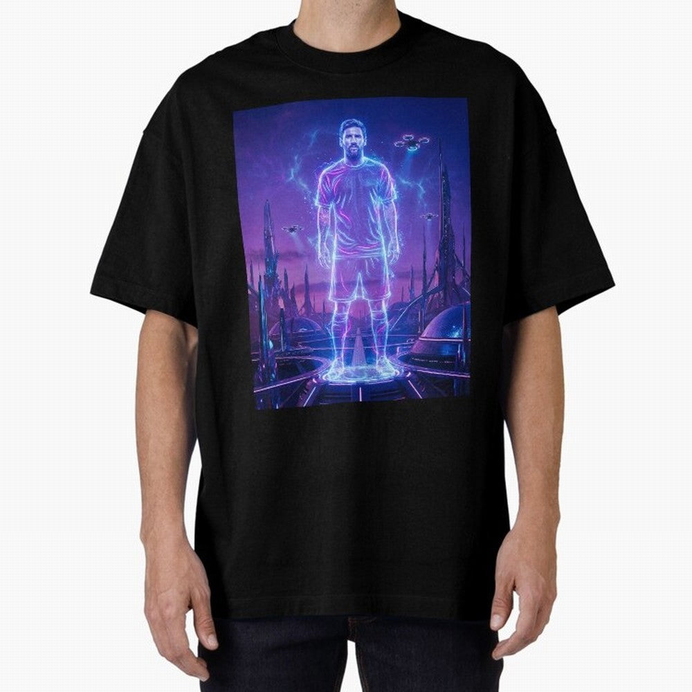 Lionel Messi (GOAT) Hologram in Futuristic Cyberpunk City (Version 4) Classic T-Shirt Step into Match Day Hype around FIFA World Cup 2026 Group Stage, CR7, Brazil, Portugal and Argentina, Soccer Culture, Superstar Moments, National Team Dreams and