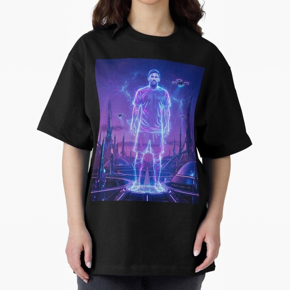 Lionel Messi (GOAT) Hologram in Futuristic Cyberpunk City (Version 4) Classic T-Shirt Step into Match Day Hype around FIFA World Cup 2026 Group Stage, CR7, Brazil, Portugal and Argentina, Soccer Culture, Superstar Moments, National Team Dreams and