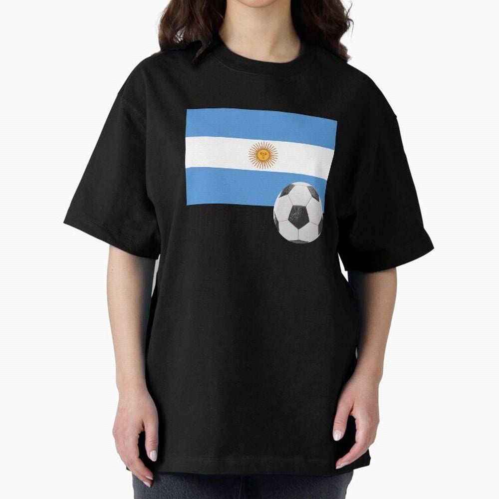Flag of Argentina with a Football Oversized T-Shirt Stand Out with Spirit from FIFA World Cup 2026 USA Canada Mexico Spirit, with Argentina and Brazil, Haaland, Global Supporter Spirit, Legendary Goals, National Colors and Tournament Celebration;