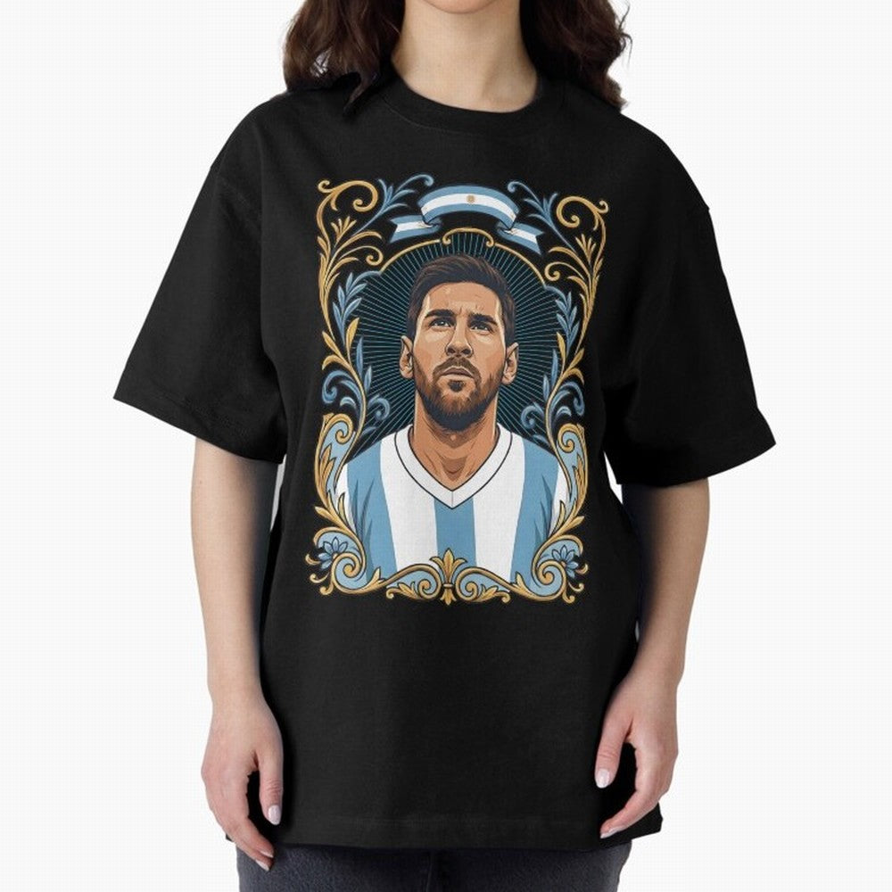 Lionel Messi Argentina Football Legend - Ornate Portrait Classic T-Shirt Stand Out with Spirit from Match Day Hype around FIFA World Cup 2026 USA Canada Mexico, Messi, CR7 and Mbappe, Brazil, Sports Nostalgia, International Competition, Famous