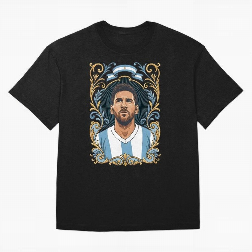 Lionel Messi Argentina Football Legend - Ornate Portrait Classic T-Shirt Stand Out with Spirit from Match Day Hype around FIFA World Cup 2026 USA Canada Mexico, Messi, CR7 and Mbappe, Brazil, Sports Nostalgia, International Competition, Famous