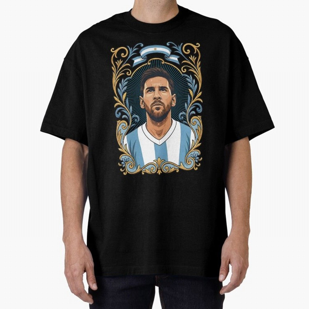 Lionel Messi Argentina Football Legend - Ornate Portrait Classic T-Shirt Stand Out with Spirit from Match Day Hype around FIFA World Cup 2026 USA Canada Mexico, Messi, CR7 and Mbappe, Brazil, Sports Nostalgia, International Competition, Famous