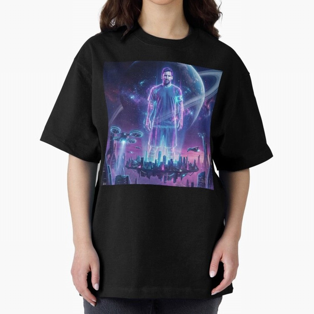 Lionel Messi (GOAT) Hologram in Futuristic Cyberpunk City (Version 3) Classic T-Shirt Bring Stadium Energy to Global Football Passion for FIFA World Cup 2026 Group Stage, Driven by CR7 and Messi, Portugal, Spain and Germany, Stadium Memories,