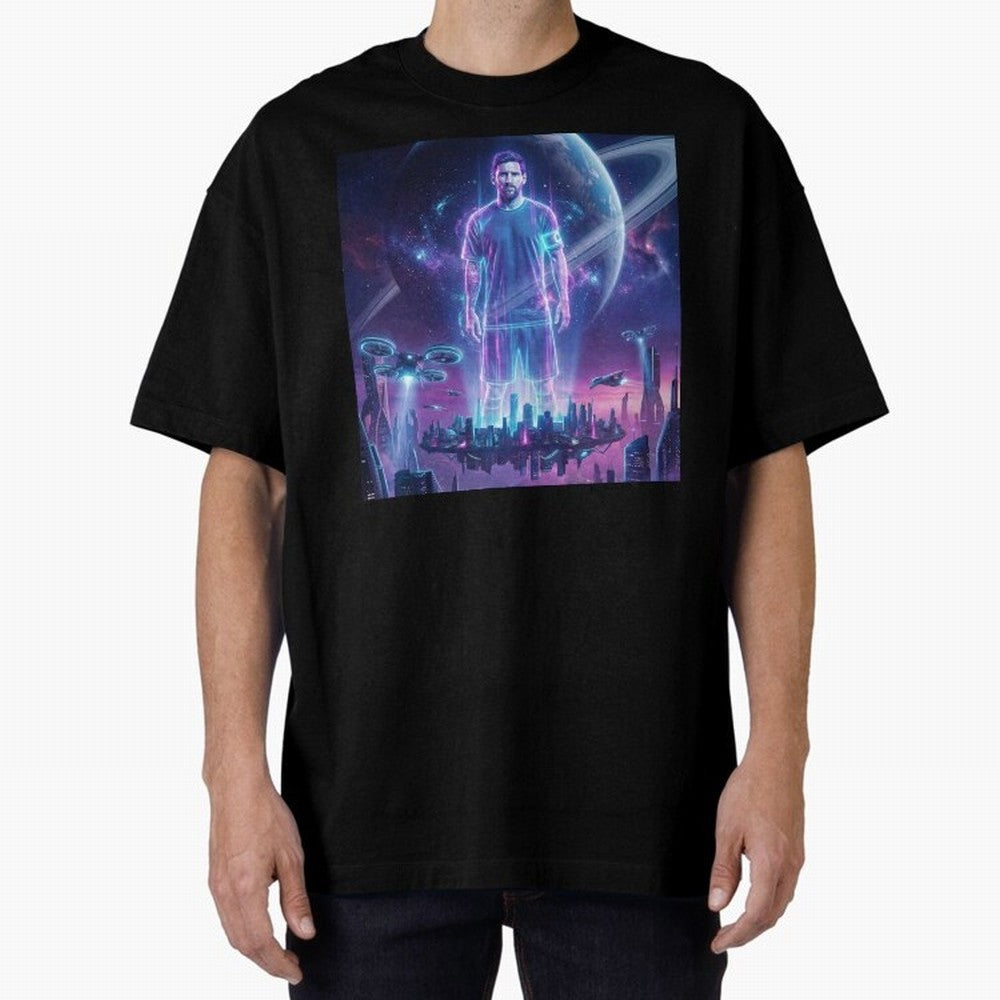 Lionel Messi (GOAT) Hologram in Futuristic Cyberpunk City (Version 3) Classic T-Shirt Bring Stadium Energy to Global Football Passion for FIFA World Cup 2026 Group Stage, Driven by CR7 and Messi, Portugal, Spain and Germany, Stadium Memories,