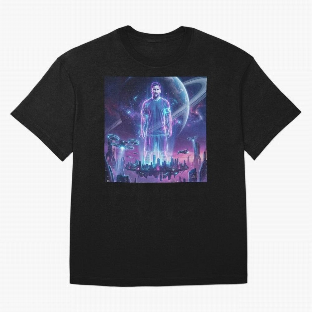 Lionel Messi (GOAT) Hologram in Futuristic Cyberpunk City (Version 3) Classic T-Shirt Bring Stadium Energy to Global Football Passion for FIFA World Cup 2026 Group Stage, Driven by CR7 and Messi, Portugal, Spain and Germany, Stadium Memories,