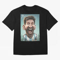 Lionel Messi Caricature Art with Autograph Oversized T-Shirt Celebrate Golden Goal Energy in FIFA World Cup 2026 USA Canada Mexico Capturing Cristiano Ronaldo, Haaland and CR7, Argentina, France and Brazil Energy, Match Day Excitement, Supporter