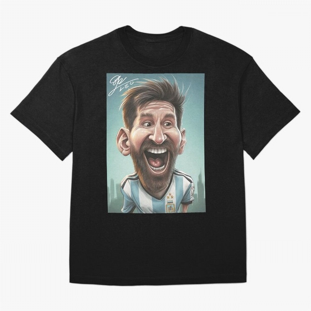 Lionel Messi Caricature Art with Autograph Oversized T-Shirt Celebrate Golden Goal Energy in FIFA World Cup 2026 USA Canada Mexico Capturing Cristiano Ronaldo, Haaland and CR7, Argentina, France and Brazil Energy, Match Day Excitement, Supporter